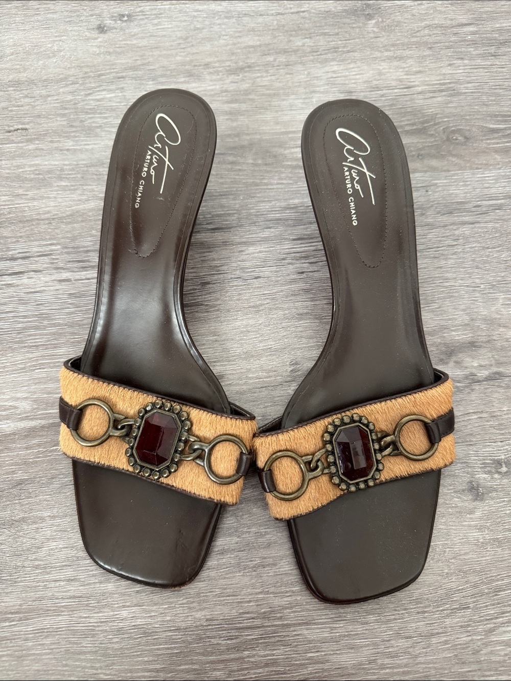 Arturo Chiang Women’s Jeweled Calf Hair Embellished Slide Sandals